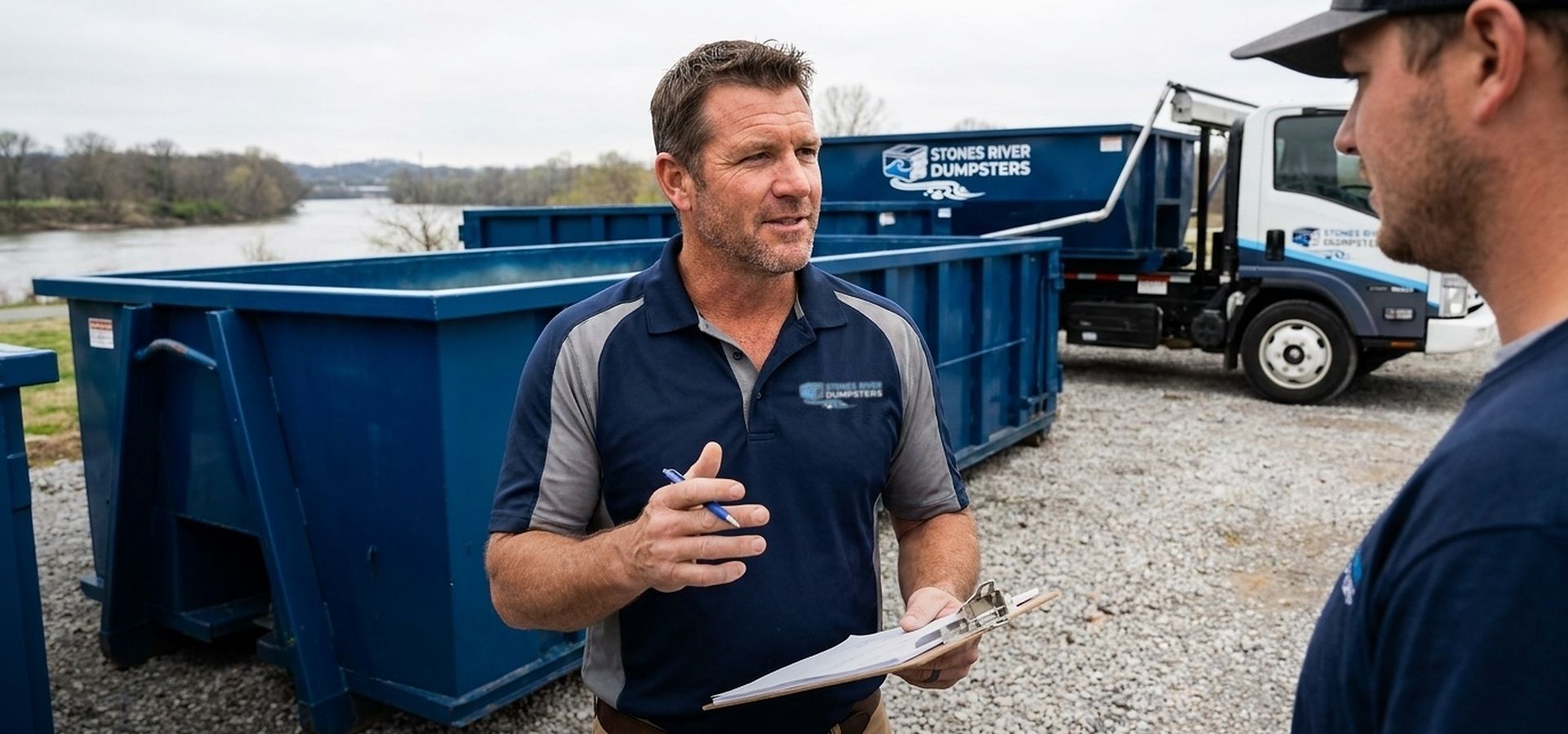 Stones River Dumpsters crew with roll-off containers and a delivery truck on the Stones River in Murfreesboro