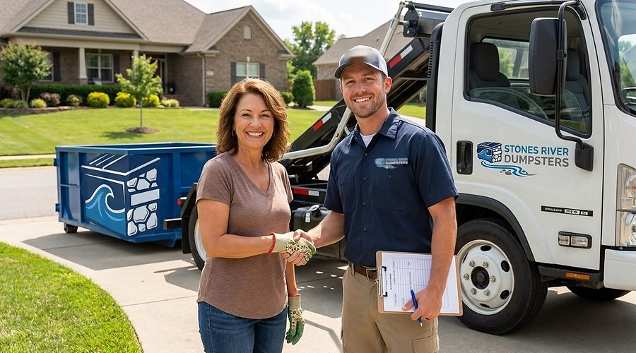 Stones River Dumpsters driver handing over a roll-off container on a Murfreesboro driveway