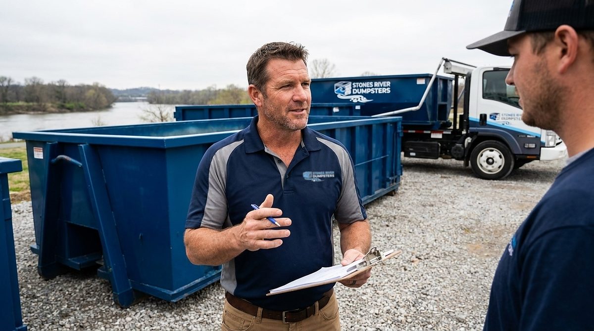 Peter of Stones River Dumpsters with a clipboard beside a roll-off container at the Park Avenue yard