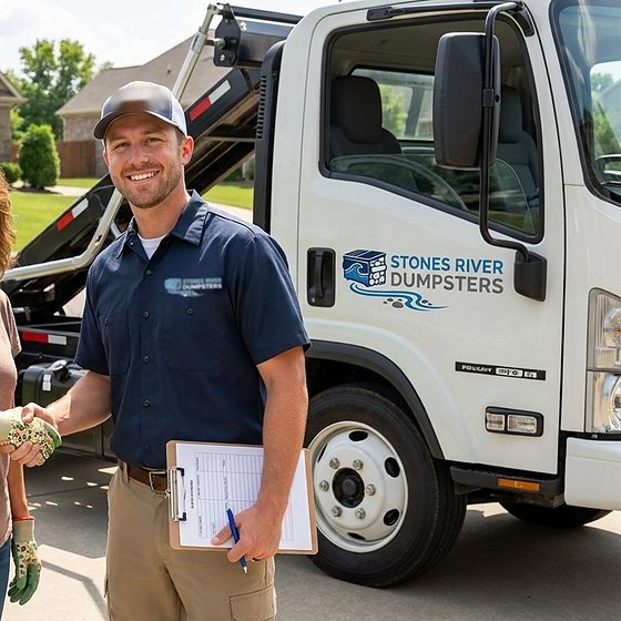 Stones River Dumpsters driver handing a homeowner the paperwork on delivery day