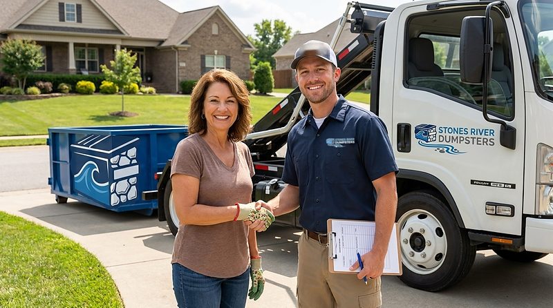 Stones River Dumpsters driver with a homeowner after a driveway delivery