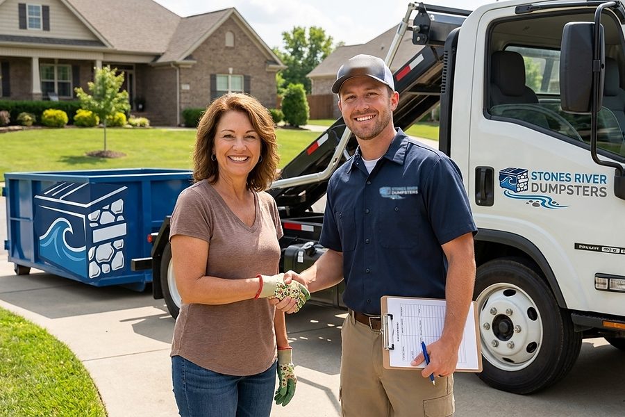 Stones River Dumpsters roll-off container on a residential driveway
