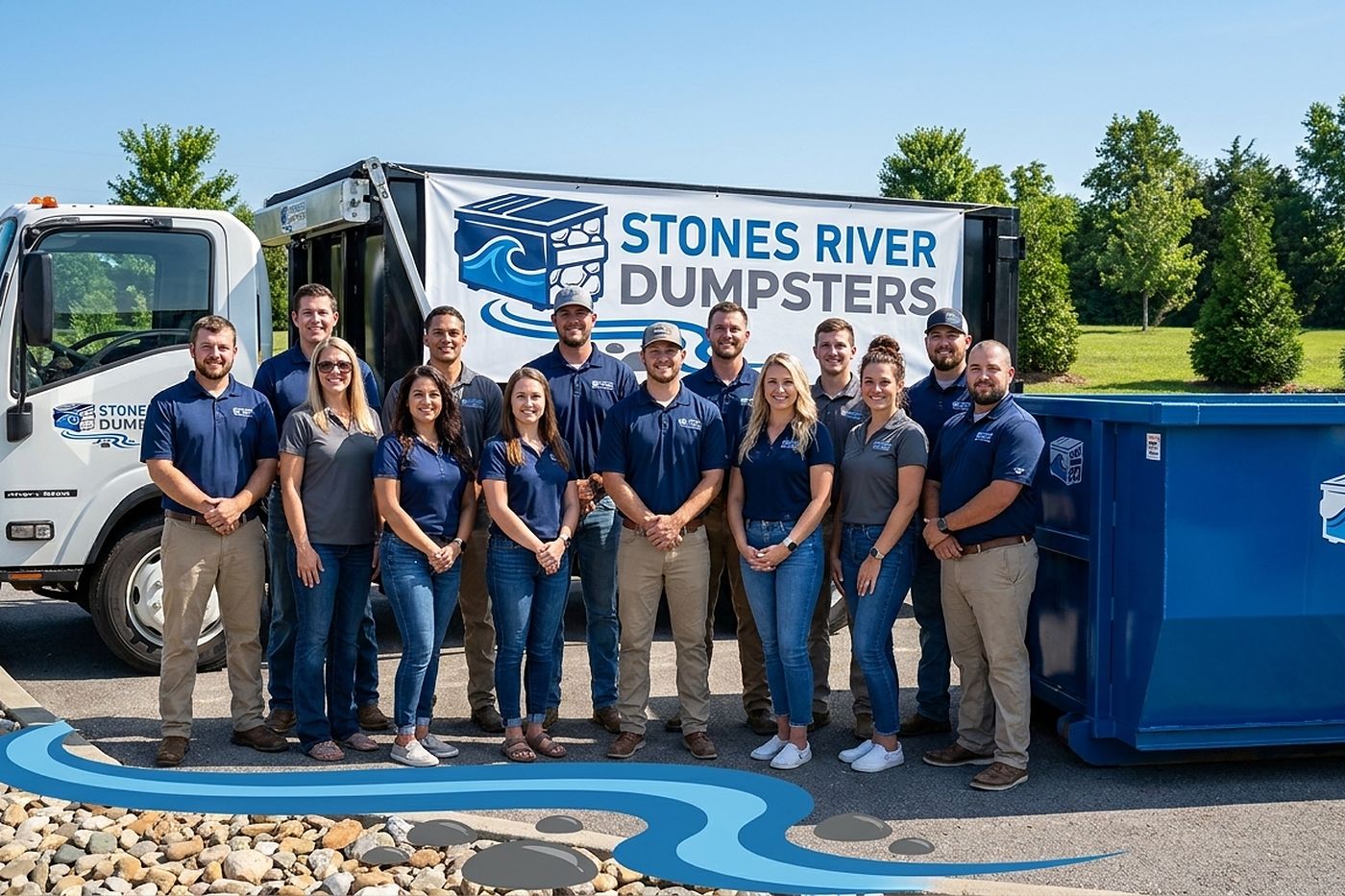 The Stones River Dumpsters crew with the truck and a roll-off container