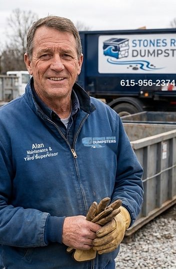 Alan, Stones River Dumpsters yard supervisor, with a container and delivery truck